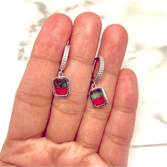 925 Sterling Silver Watermelon Ombre Cubic Zirconia Hoop Earrings - Picture 6 of 6